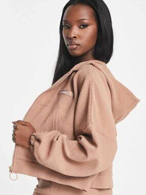 NWT Ellesse Campenelle Tan Ribbed Zip Up Cropped Hoodie Size Small